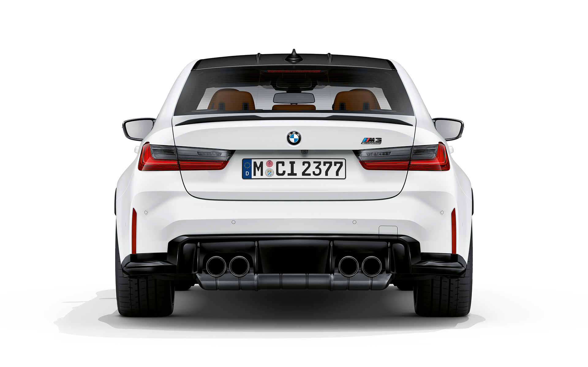 Vue arrière de la BMW M3 Competition G80 2020 Frozen Brilliant White metallic